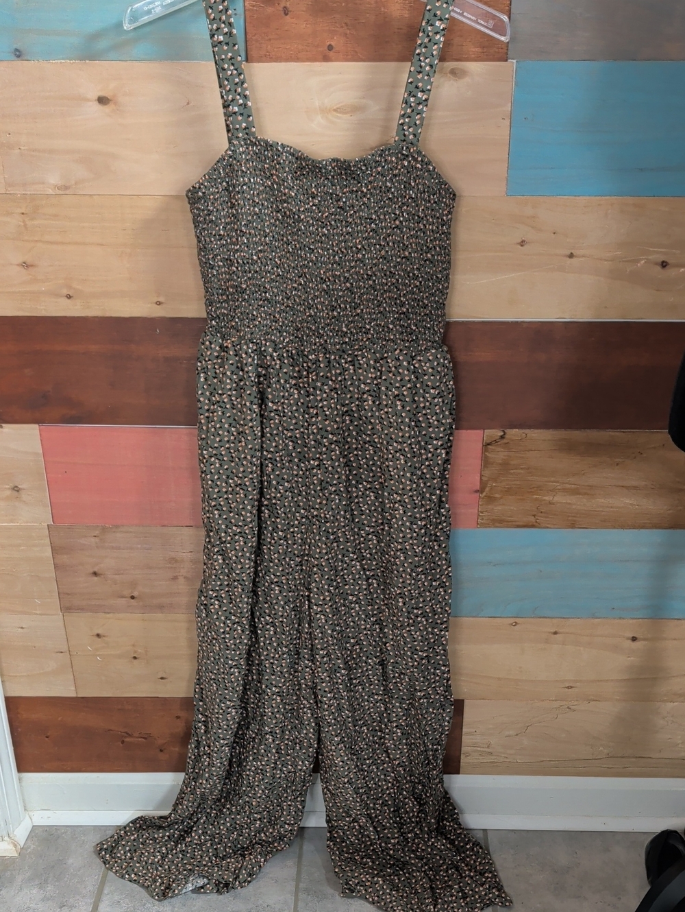 Floral Olive Green Smocked Jumpsuit with Wide Straps